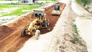 Technique Skill Motor Grader Spreading Red Gravel Foundation Road, Machines Construction Road