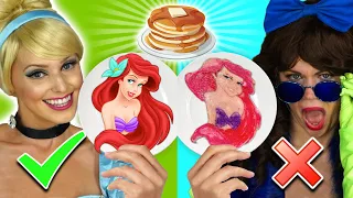 CINDERELLA VS STEP SISTERS PANCAKE ART CHALLENGE. Who Wins, Cinderella, Drizella, or Anastasia?