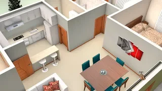 3D Simple House Plan with Two Bedrooms and American Kitchen