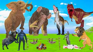 5 Tyrannosaurus Vs 5 Elephant Fight Giant Lion Attack Cow Cartoon Buffalo Saved by 10 Woolly Mammoth