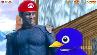 The Homelander pushes the penguin in mario 64