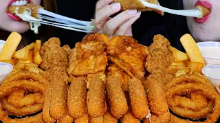 ASMR FRIED FOOD FEAST! HUGE CRUNCHY ONION RINGS, CHEESE STICKS, FRIED CHICKEN TENDERS, FRIES, FISH