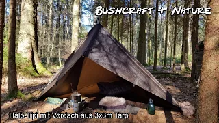 Halb-Tipi mit Vordach aus 3x3m Tarp / Half teepee with canopy made of 3x3m tarp