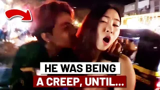 Creepy guy keeps touching her, until a hero comes in!