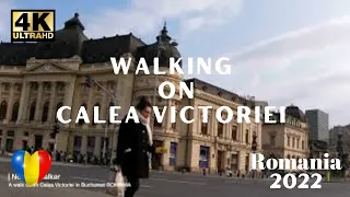 Walking on Calea Victoriei Boulevard, Kretzulescu Church, Cismigiu Park, Bucharest, ROMANIA 4k