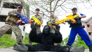 Battle Nerf War: Master & Blue Police Nerf Guns Robbers Group Brother MONKEY BATTLE