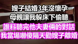 嫂子結婚3年沒懷孕，母親讓我躲床下偷聽，誰料聽完他夫妻倆的對話，我當場嚇傻隔天勸嫂子離婚#淺談人生#民間故事#為人處世#生活經驗#情感故事#養老#花開富貴#深夜淺讀#幸福人生#中年#老年