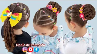Penteado com Ligas, Tranças em Amarração ou Coque | Bun Hairstyle our Ponytail for Little Girls 😍🌺