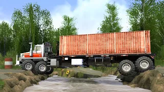 Spintires Mudrunner -  Western Star 6900 TwinSteer 8x8 - Driving Offroad Crossing Broken Road