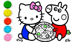 peppa pig with hello kitty pizza  drawing and coloring for kids and toddlers || easy drawing