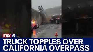 Dramatic video captures truck toppling over California freeway overpass | FOX 5 DC