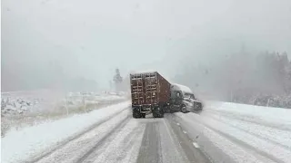 First snow in California. Winter storm on i-80  Donner Pass