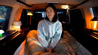 Solo car camping in forest. Cozy & Silent. Wood stove ASMR. Super easy Shabu-shabu recipe.