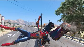 GTA 5 Iron Spiderman Epic Jumps - No Seatbelt Car Crashes - EP #7