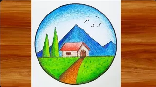 Draw Beautiful Scenery with Pencil Colours in Circle|Circle Drawing #circledrawing #pencildrawing