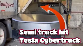 Semi truck hit tesla cybertruck | Idiot driver stopped in highway | Truck vs. high winds
