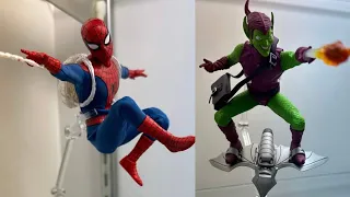New Mezco Toyz one 12 collective amazing Spider-Man and green goblin on display sdcc 2023