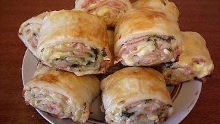 Puff rolls with cheese and sausage. Ham and cheese puffs. Puff pastry recipe from ready-made dough