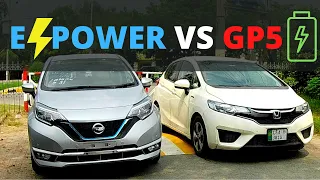 nissan note e power vs honda fit gp5 0-140 kph, drag race and rolling race!