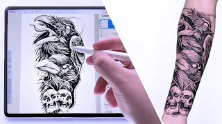 TATTOO DESIGN Blackwork | Huginn and Muninn, Crows | Procreate Drawing Time lapse