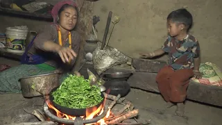 Cooking curry of green organic vegetables in village
