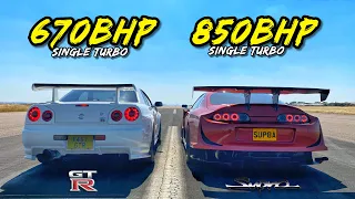 WHEN LEGENDS RACE PT4.. 850HP SUPRA vs 670HP R34 SKYLINE GTR