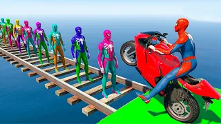 GTA V Shark Racing Epic Stunt For Spiderman Challenge by Motorcycles With Superheroes