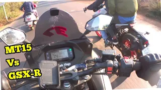 MT15 Vs GSX-R (Gixxer SF) highway race | Deadly close calls | Raw footage