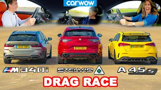 BMW M340i v AMG A45 v Alfa Stelvio QV - DRAG RACE *Mat v Ibu v Pacar*