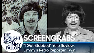 Screengrabs: "I Got Stabbed" Yelp Review, Jimmy's Retro Reporter Twin