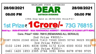 Nagaland State Lottery Dear Ostrich Evening 08:00 p.m. 28/08/2021 Result Live Today.