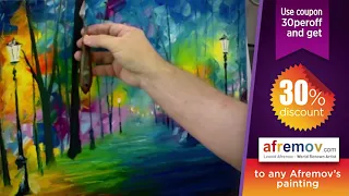 artist Leonid Afremov creating a landscape oil painting on canvas with palette knife , sped up video