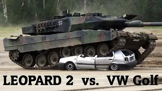 German Tank destroys VW Golf - Bundeswehr Leopard 2 smashes a car (Tag der Bundeswehr Demonstration)