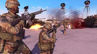 Monstrous TRIPODS Invade US Army AIRFIELD! - Men of War: War of the Worlds Mod Battle Simulator
