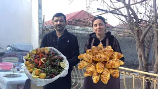 My husband and I prepared vegetable kebabs for our family Various dessertsSunny day in the village