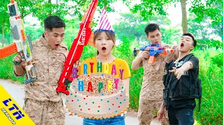 LTN Nerf War : Couple Seal WANTING BIRTHDAY CAKE & Delta Force T Nerf Guns Fight Baker Group