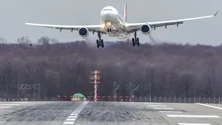 STORM EBERHARDT - Airbus A330 can` t LAND - CROSSWIND LANDINGS during a Storm at Düsseldorf (4K)