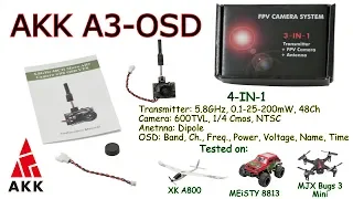 AKK A3-OSD (4-IN-1) 5.8Ghz, 48Ch, 0.1-25-200mW, 600TVL, 1/4 Cmos, NTSC - Camera, Dipole Antenna, OSD