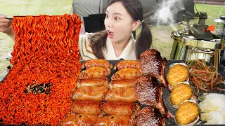 [Mukbang ASMR] Camping Barbeque 🏕 Seafood & Crunchy Beef Intestines Daechang Buldak Ramen Ssoyoung