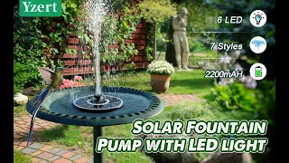 Yzert Solar Fountain Pump Full Glass Panel with LED Light and Battery for Bird Bath, Garden, Pond