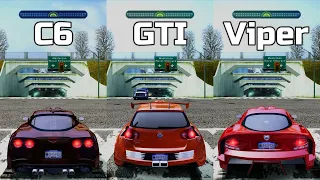 NFS Most Wanted: Chevrolet Corvette C6 vs Volkswagen Golf GTI vs Dodge Viper SRT - Drag Race