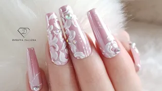 Wedding nails compilation. Nude nails with white nail art, perfect wedding nails idea