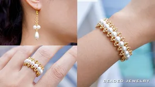 Pearl jewelry set. How to make beaded jewelry. Earrings, bracelet and ring. Beading tutorial