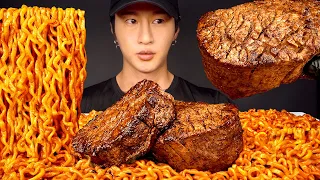 ASMR NUCLEAR FIRE NOODLES & FILET MIGNON MUKBANG 먹방 (No Talking) COOKING & EATING SOUNDS | Zach Choi