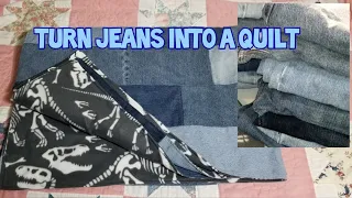 turn old jeans into a quilt with polar fleece backing