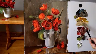 How to Paint Red Tulips in a Jug. Spring Oil Painting