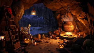 Cozy Cave Halloween Ambience with Relaxing Heavy Rain & Thunderstorm Sound, Fire Crackling Sound
