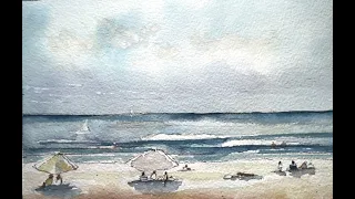 EXTREME BEGINNERS   BEACH AND OCEAN WATERCOLOR with Figures and Umbrellas