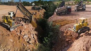 Really Great Excellent! Skill Operator Dozer Pushing Stone with Truck Unloading Stone Filling forest