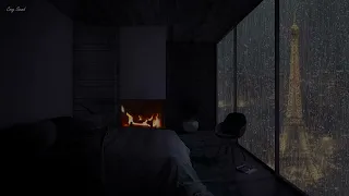 Cozy Rainy Night Paris with Rain Sounds, Thunderstorm, Fireplace in Bedroom for Sleeping